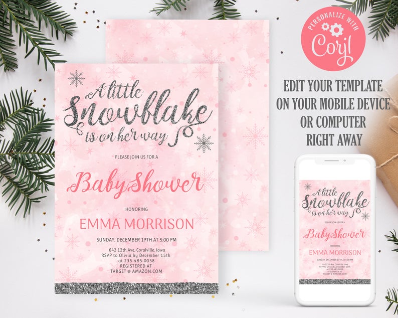 A little snowflake is on her way baby shower invitation. Winter baby shower invitation girl. Editable template