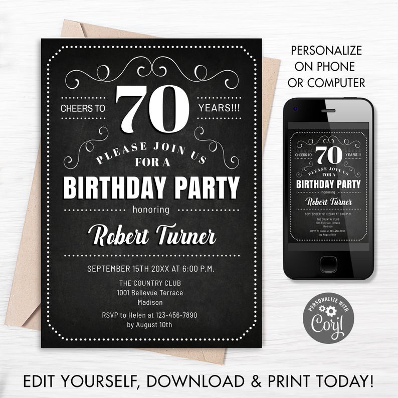 70th Birthday Party Invitation – INSTANT DOWNLOAD Digital Template. ANY Age. Chalkboard Black White. Cheers to 70 Years