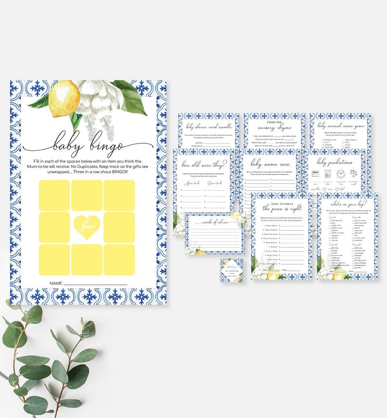 Mediterranean Blue Tile Baby Shower Games Bundle – Capri Lemons – Gender Neutral Baby Shower – The Med