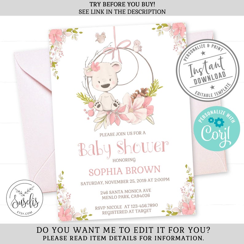 Baby Shower Invitation, Corjl Template, Woodland Theme, Blush Pink Flowers, EDITABLE Instant download, Girl Invite, Printable, BS159