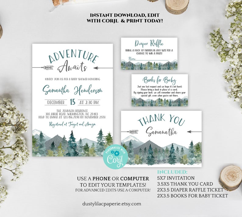 adventure awaits baby shower invitation set, editable gender neutral baby shower invite, forest greenery outdoor mountain DLPB34
