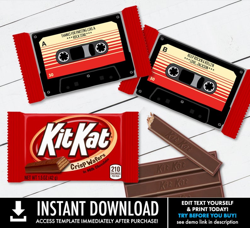 Cassette Tape Kit Kat Candy Bar Label/Wrapper – Retro Party Favor, 80’s Party, Cassette | Self-Edit with CORJL – INSTANT Download Printable