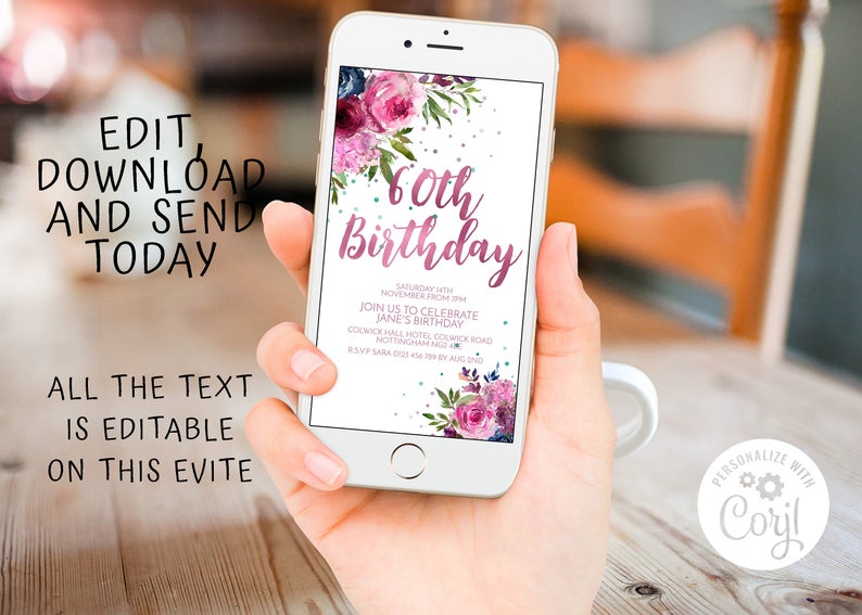 Electronic Birthday 60th Invitation Digital Invitation Simple Editable Birthday iPhone Evite Template SMS Invitation