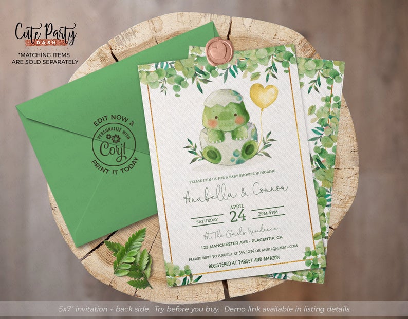 INSTANT DOWNLOAD – EDITABLE Cute Dinosaur Baby Shower Invitation, Watercolor Gender Neutral Dino Invitation Template, greenery corjl invite,