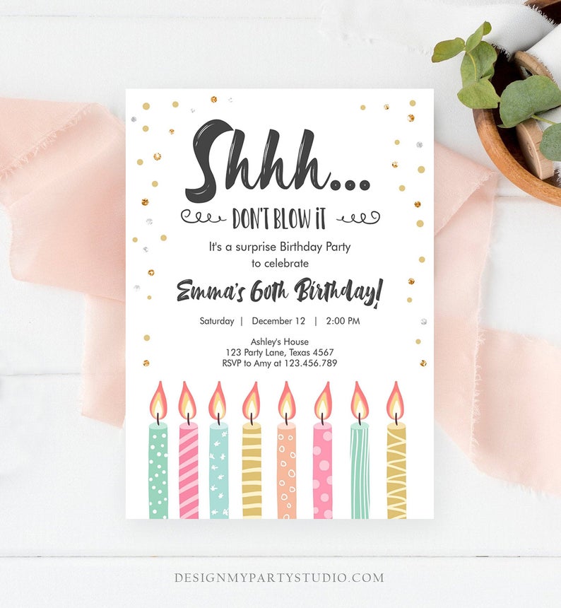 Editable Candles Surprise Birthday Invitation Shhh It’s A Surprise Party 30th 40th 50th 60th Adult Download Corjl Template Printable 0277