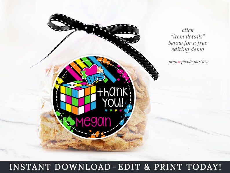 80s Birthday Party Favor Tags, 1980’s Neon Party, Printable Favor Tags Editable Template | Instant Download, Edit online w/ Corjl | 339