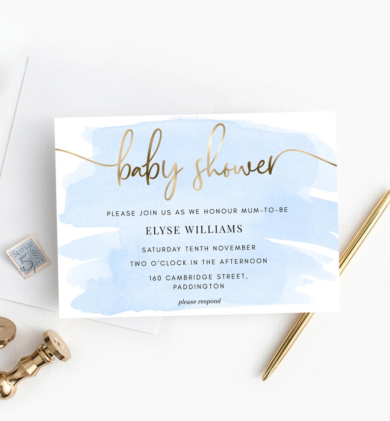 Blue Baby Shower Invitation Template – Gold Foil – Baby Boy Shower Invite – Printable Editable Invitation – Watercolour