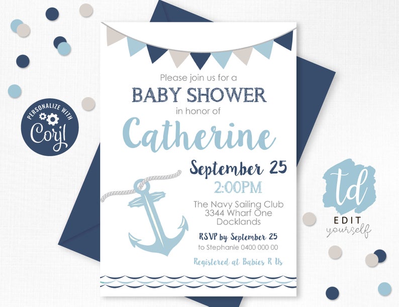 NAUTICAL BABY SHOWER Invitation Anchor Baby Shower Invitations Navy Blue Nautical Baby Shower Invitation Boy Baby Shower Invitations Corjl