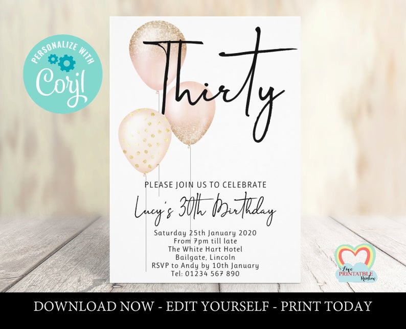balloons birthday invitation printable 30th birthday invite editable 30 birthday party rose gold birthday invitation download corjl girl