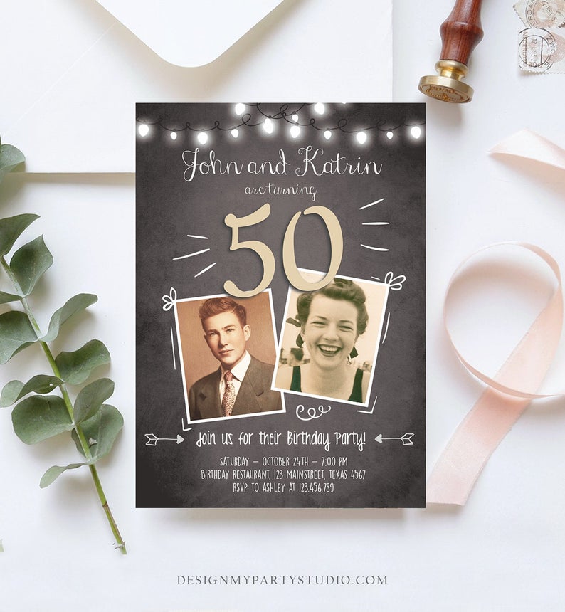 Editable 50th Joint Coed Birthday Invitation ANY AGE Chalkboard Rustic Adult Fifty Photo Vintage Jubilee Anniversary Corjl Template 0230