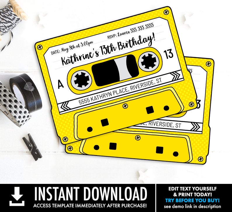Cassette Tape Invitation – Retro Party,80s Party Invitation,Mixtape Invite,Yellow | Self-Edit with CORJL INSTANT DOWNLOAD Printable Template