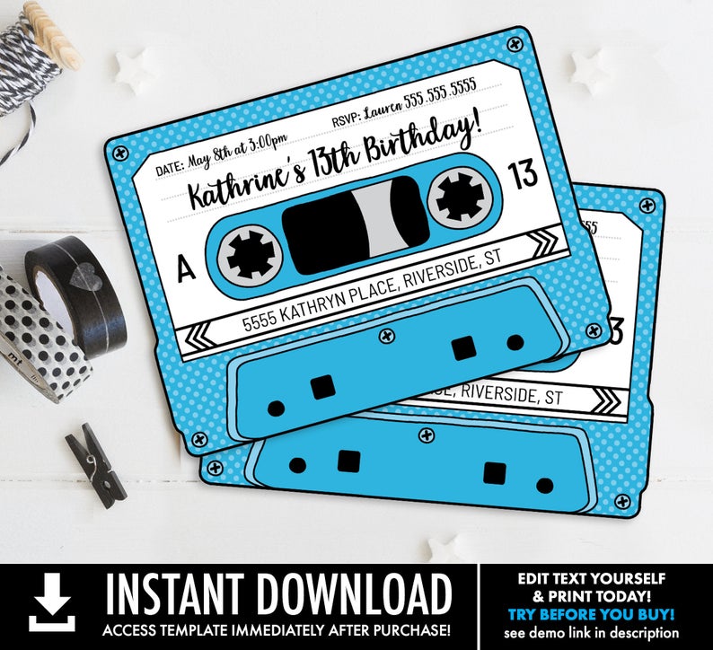 Cassette Tape Invitations – Retro Party, 80’s Party Invitation, Mixtape Invite | Self-Edit with CORJL – INSTANT DOWNLOAD Printable Template