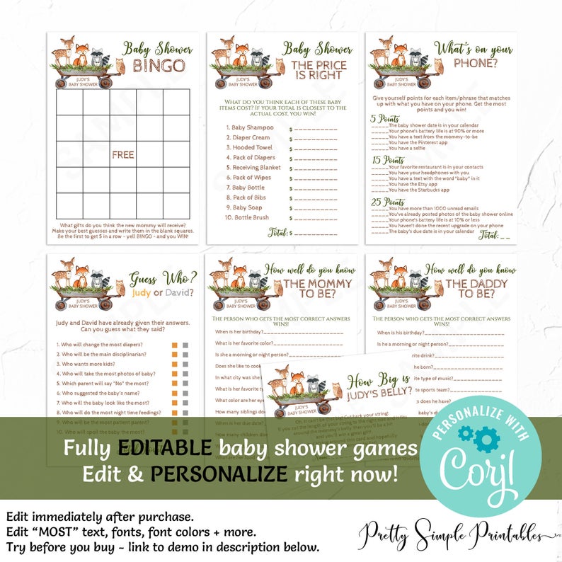 EDITABLE, Woodland Theme Baby Shower Games, Adventure Baby Shower Game, Boy, Girl Adventure Theme, The Price is Right, Bingo, Corjl, WD12