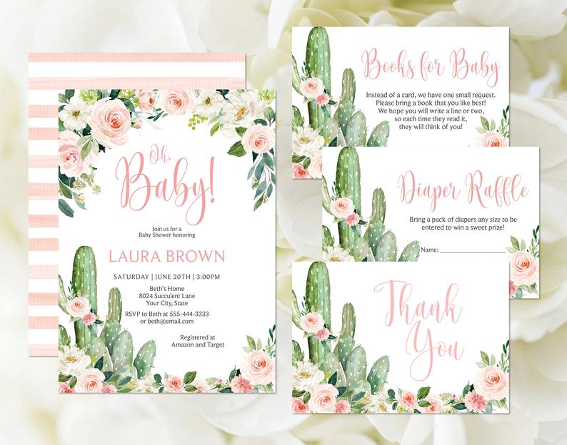 Pink Floral Baby Shower Invitation Set, Editable Template, Cactus Baby Shower Invite, Fiesta Books For Baby, Diaper Raffle Ticket Corjl 364