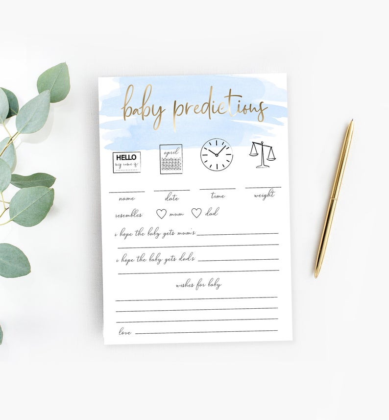 Blue Watercolour Baby Predictions Game – Instant Download – Blue Watercolor – Gold Foil – Printable Boy Baby Shower Games
