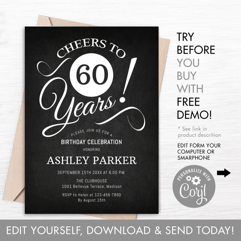 60th Birthday Party Invitation – INSTANT DOWNLOAD Digital Template. ANY Age. Chalkboard Black White. Cheers to 60 Years