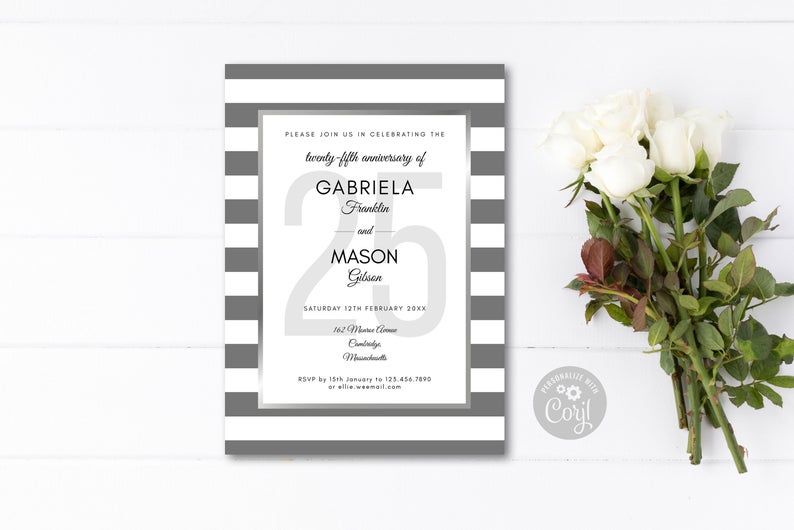 25th Anniversary, Vow Renewal Invitation Template, Silver Wedding Invite, Photo, Instant Download Editable Printable, Art Deco Stripe, Corjl