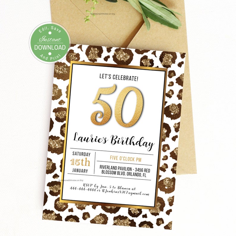 50th Birthday Invitation Template for Woman / Animal Print / Personalize Instantly with Corjl