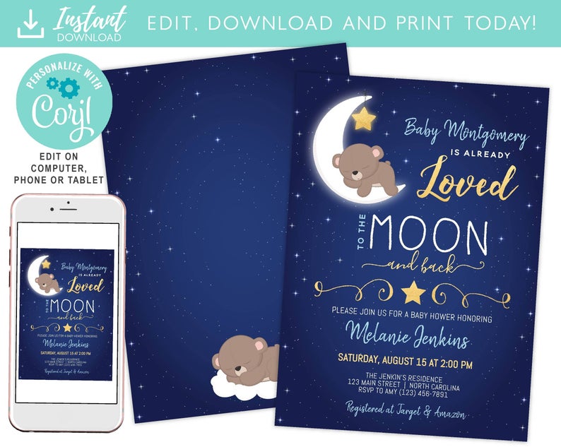 Boy Baby Shower Invitation, Love You To the Moon and back Baby Shower Invitation, Bear Baby Shower invite, Twinkle Twinkle Little Sar