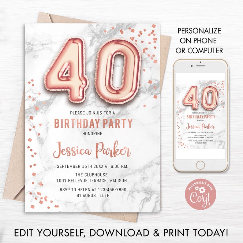 40th Birthday Party Invitation – INSTANT DOWNLOAD Digital Template. Rose Gold Balloons. Marble Pattern.