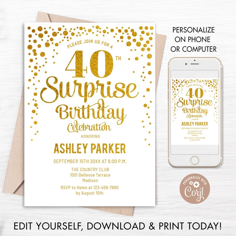 40th Surprise Birthday Invitation – INSTANT DOWNLOAD Digital Template. ANY Age. Glitter Gold Foil White. Adult Birthday Invite