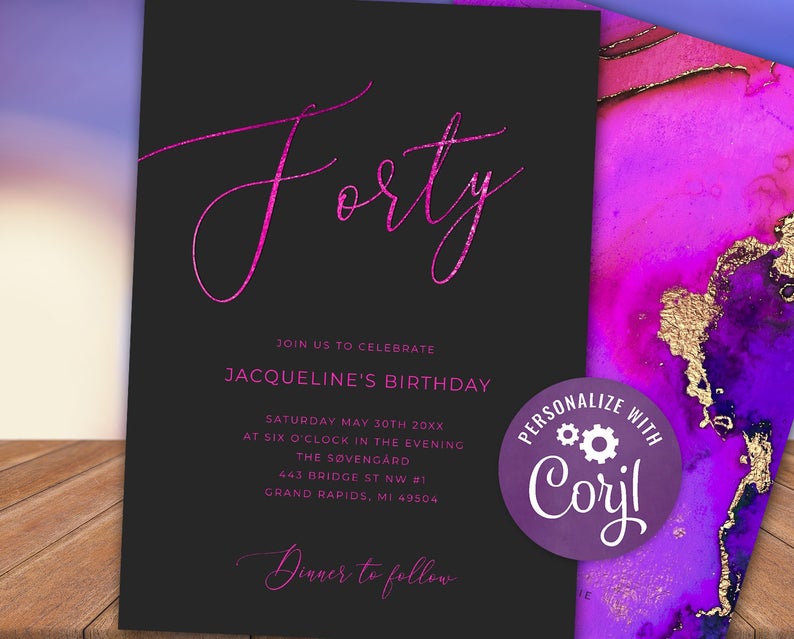 Hot Pink Foil 40th Birthday Invitation – Adult FORTY Birthday Invite – Simple – Digital INSTANT download Editable Women’s Men’s