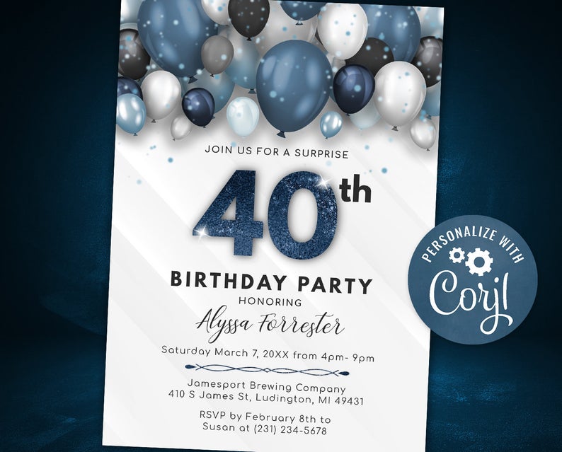 Balloons 40th Birthday Invitation – Adult FORTY Birthday Invite – Blue & White – Surprise Party – Digital INSTANT download Editable
