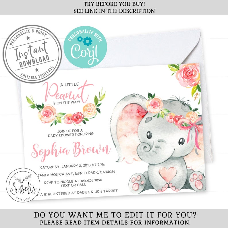 EDITABLE Baby Shower Invitation, Corjl Template, Watercolor Elephant, Instant download, Pink Flowers, Girl, Edit Yourself, Printable, BS116
