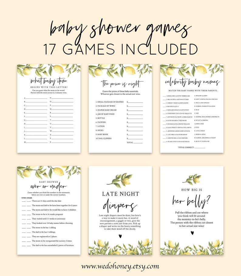 Lemon Baby Shower Game Bundle, Editable Games, Lemon and Greenery, Citrus Lemon Shower, Editable Template, #087