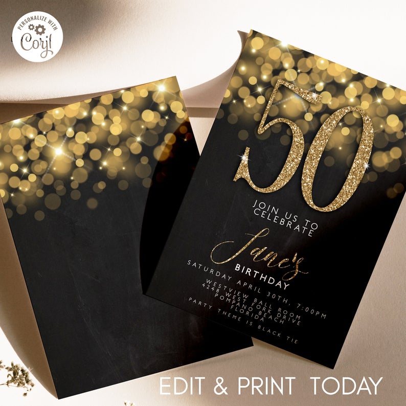 Editable 50th Birthday Invitation, 50th Party Invite, 50th Birthday Invite, Printable Instant Download, Adult Birthday, Corjl Template