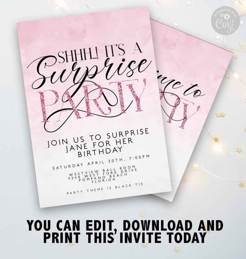 Shhh it’s a Surprise Party Birthday Invitation Pink Surprise Birthday Invitation Woman Birthday Invitation 40th birthday 50th 30th