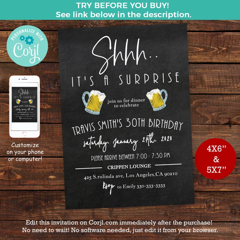 Surprise Birthday Party Invitations Beer Invite Mens Black and White Printable DIY Instant Download Editable Text with Corjl