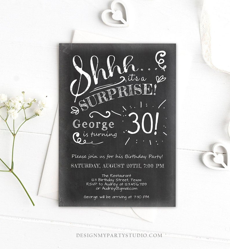 Editable ANY AGE Surprise Birthday Invitation Chalk Rustic Adult 30th Thirty Vintage Party Photo Shhh Download Printable Corjl Template 0102