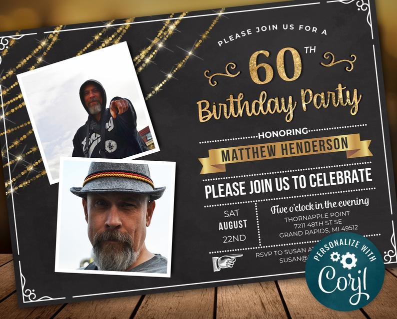 60th Birthday Photo Invitation SIXTY Invite Party Photo Invite – Black – Gold – Digital INSTANT DOWNLOAD 5×7 – Editable – adult mens womans
