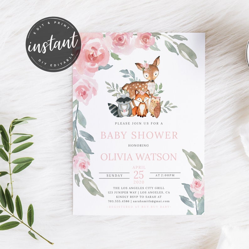 Baby Shower Invite, Woodland Girl Baby Shower Invitation, Woodland Animals Baby Shower, Girl Baby Shower, baby shower invite template, 81