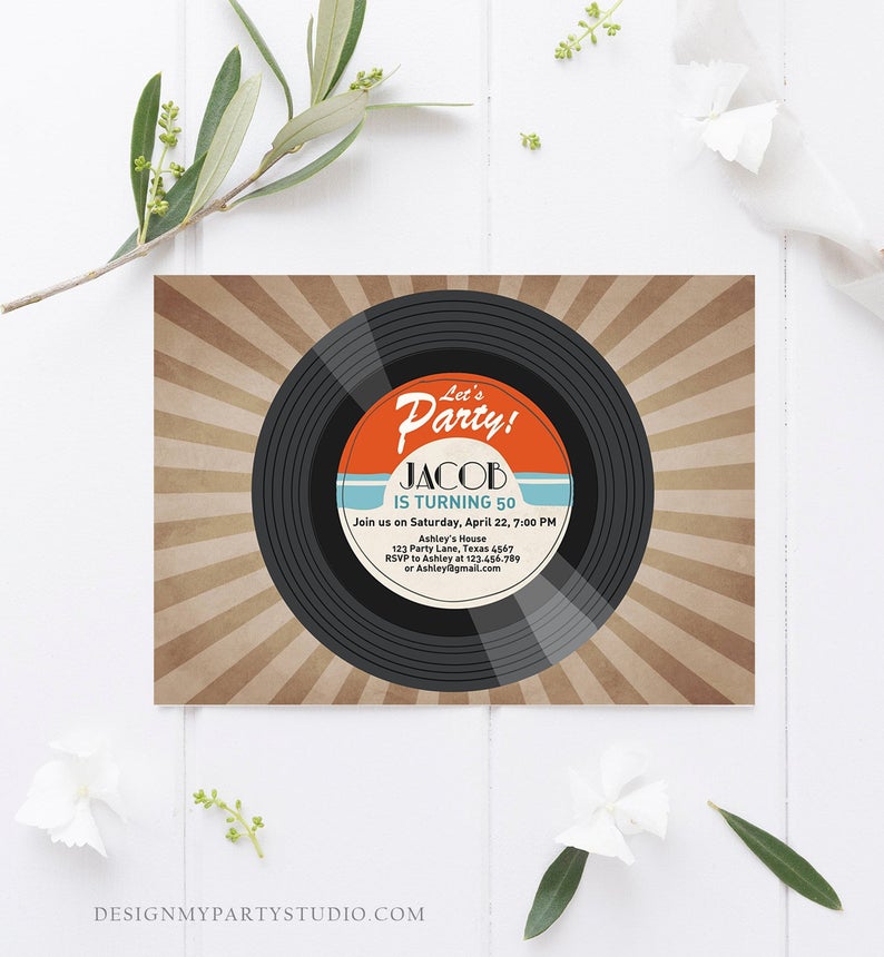 Editable Adult Birthday Invitation Vintage Vinyl Record Invite Oldies Surprise Birthday Download Printable Invitation Template Corjl 0294