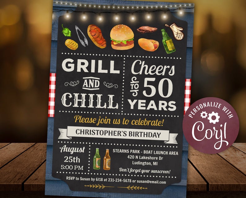 50th – BBQ & Grill and Chill Barbecue Party Birthday Invitation – 50th birthday invitation for men Digital INSTANT Download 5×7 Editable