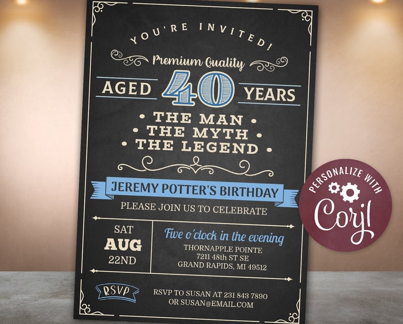 40th Birthday Invitation FORTY Party Vintage Dude The Man The Myth The Legend Blue Digital INSTANT Download Editable adult mens man guys