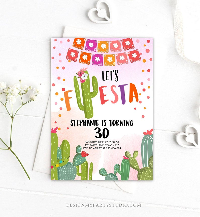 Editable ANY AGE Fiesta Birthday Invitation Let’s Fiesta Adult Mexican Thirty Birthday Party Pink Cactus 30th Corjl Template Printable 0135