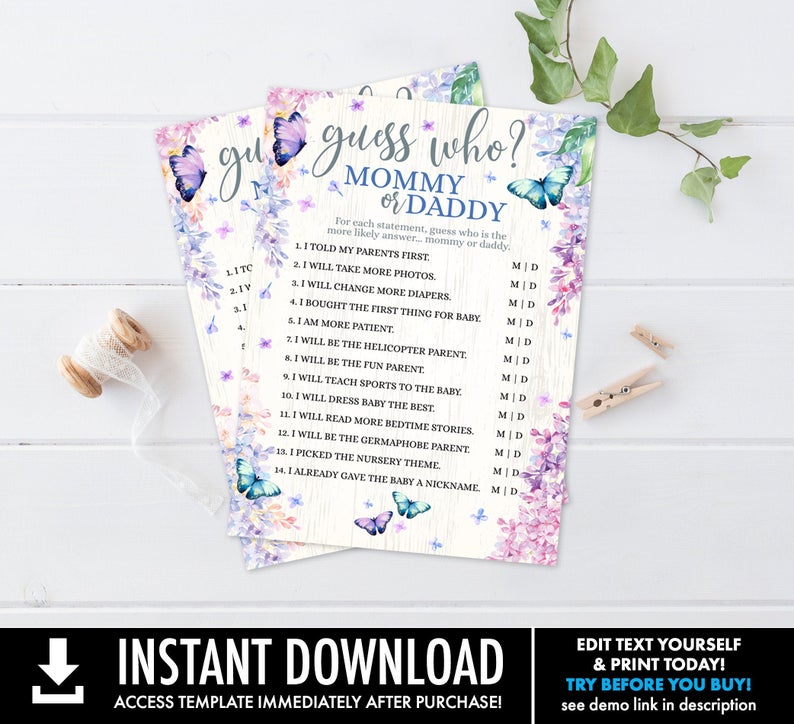 Mommy or Daddy Guess Who – Baby Shower Game – Guess Who Game, Butterfly & Flowers Shower | Self-Edit with CORJL – INSTANT Instant Printable
