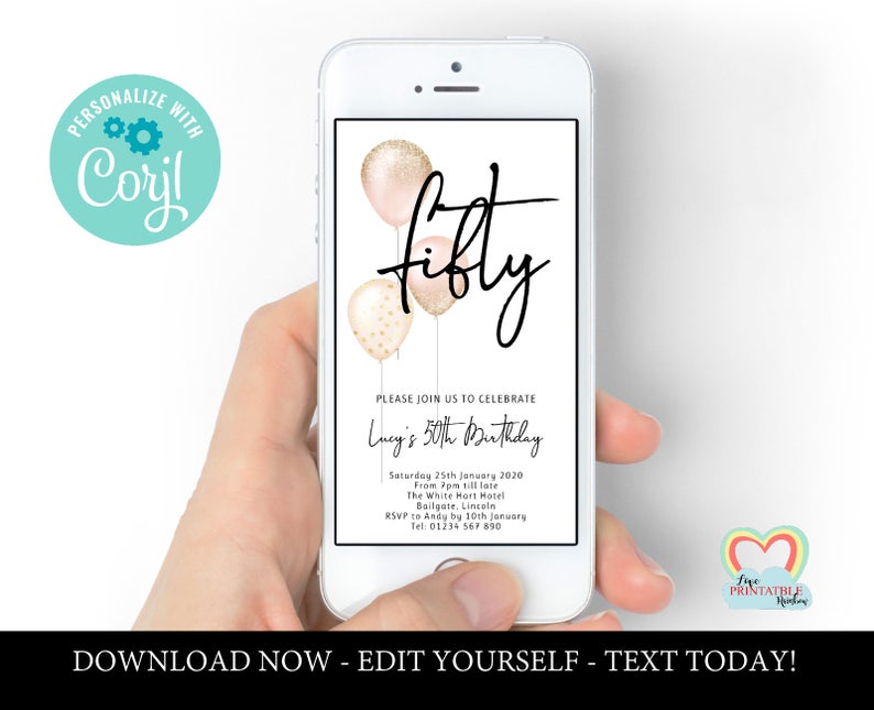 electronic 50th birthday Invitation 50 Birthday invitation sms rose gold birthday text invitation fifty invite Instant download digital girl