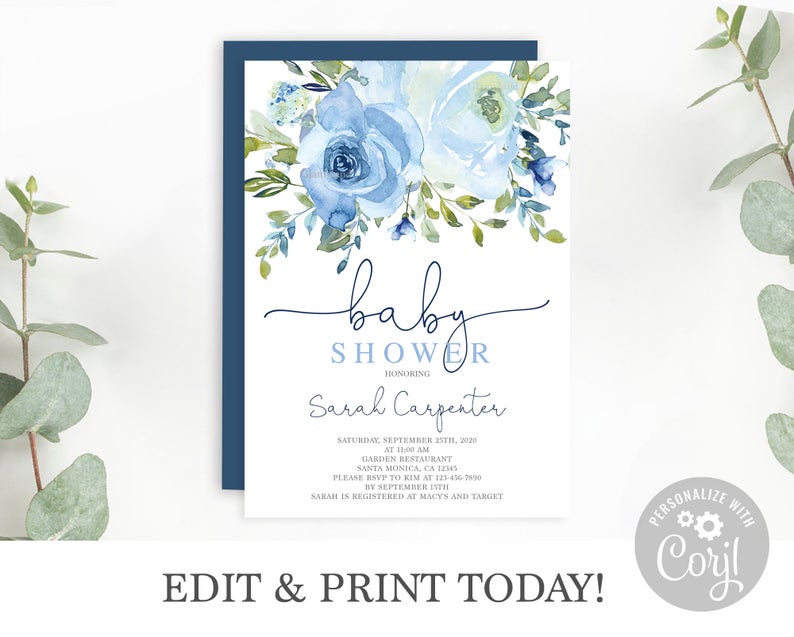 Boho Boy Baby Shower Invitation download, dusty blue invitation template, blue floral invitation for boy editable template