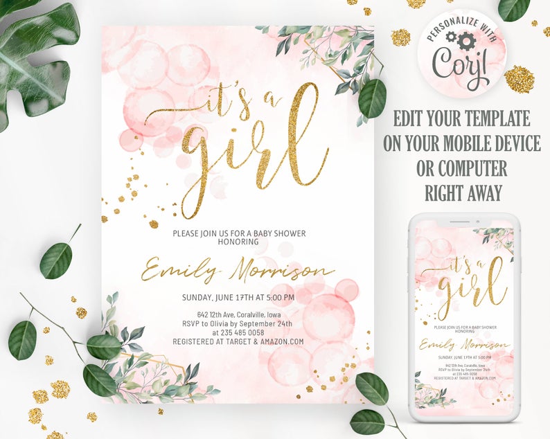 Editable Blush Pink Baby Shower Invitation Girl. It’s a girl Baby Shower Invitation. Pink Floral Baby Shower Invite. Instant download.