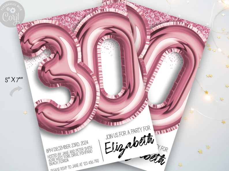 Editable 30th Birthday Invitation Pink Balloons Glitter 30th Party Invite Instant Download Editable Printable Template Corjl