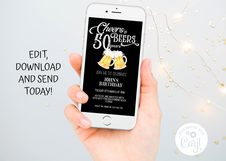 Cheers and Beers 50th Birthday Evite, Electronic Invitation Template fifty For Him Boys Men Template Corjl, Instant Download