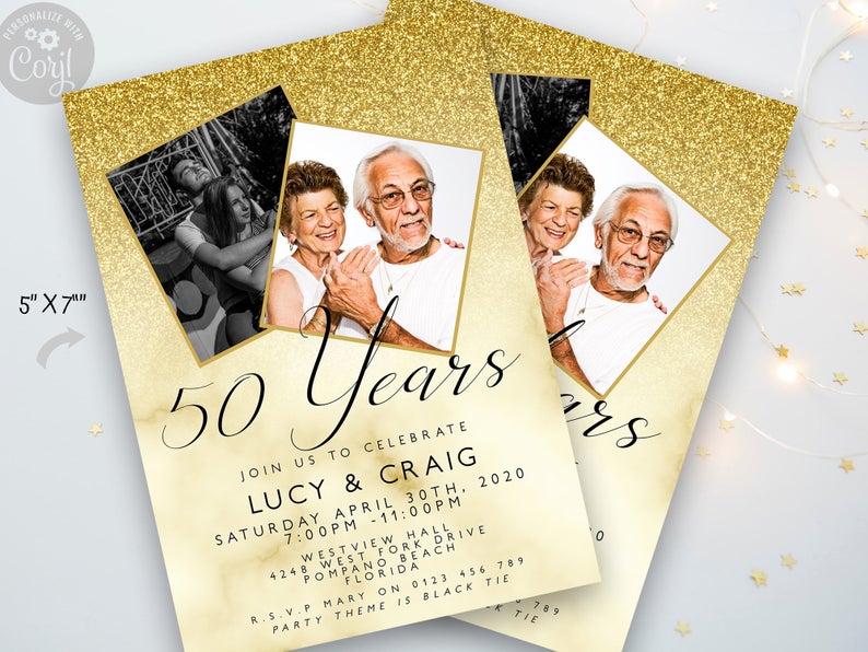 50th Wedding Anniversary Party Invitation Editable Add Your Own Photos Glitter Marble Golden Invitation 50 Years Instant Download