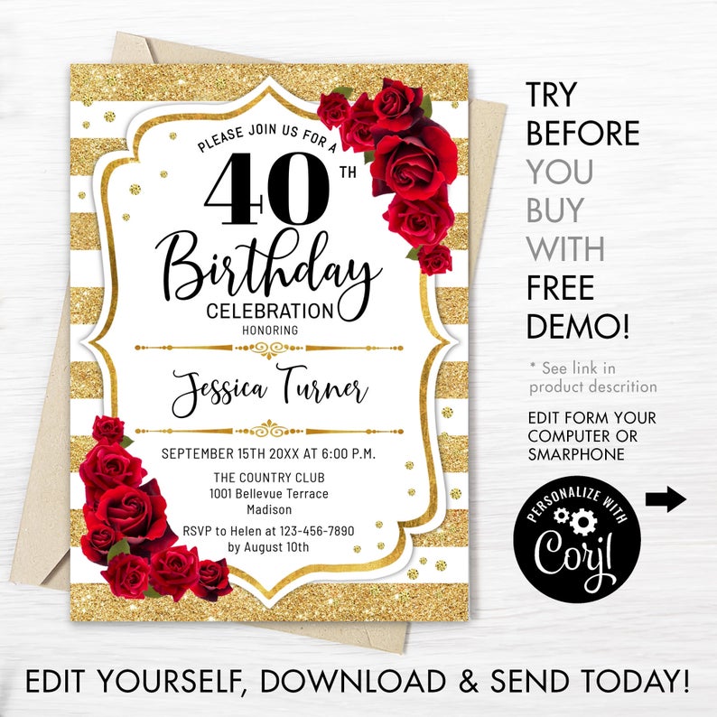40th Birthday Invitation – INSTANT DOWNLOAD Digital Template. ANY age. Glitter Gold White Stripes. Red Roses. Floral Birthday Invite