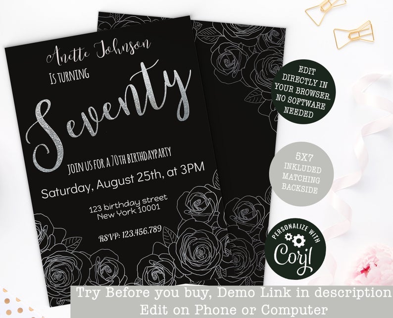 Silver 70th Birthday invitation