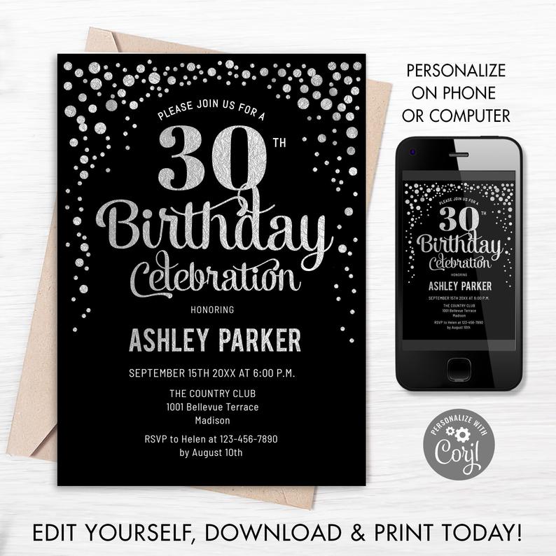 30th Birthday Invitation – Digital Template INSTANT DOWNLOAD Editable DIY. Any Age. Glitter Silver Foil Black Adult Birthday Invite