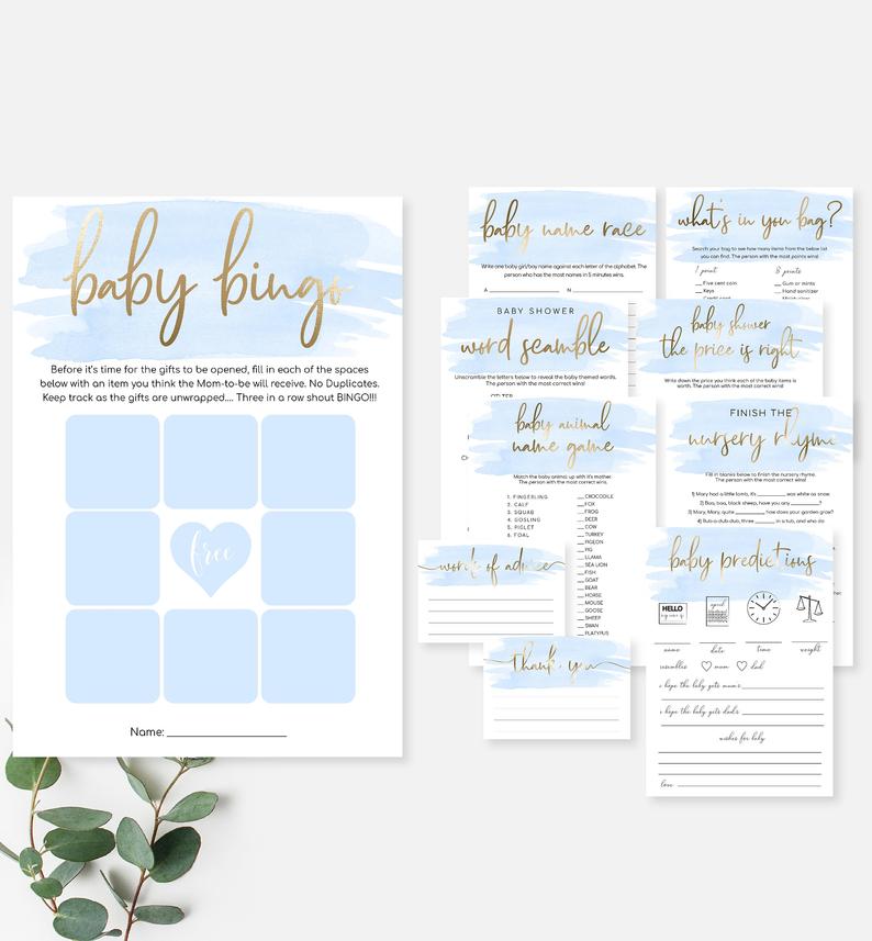 Blue Boy Baby Shower Games Bundle Pack – Instant Download – Blue Watercolour – Gold Foil – Printable Baby Shower Games Bundle Pack